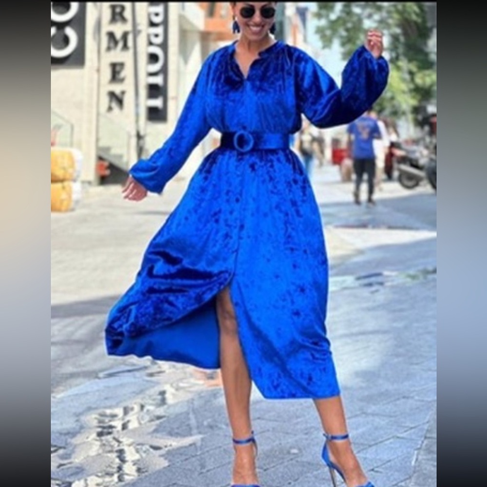 Blue Velvet Belted Maxi Dress - Picture 2 of 2